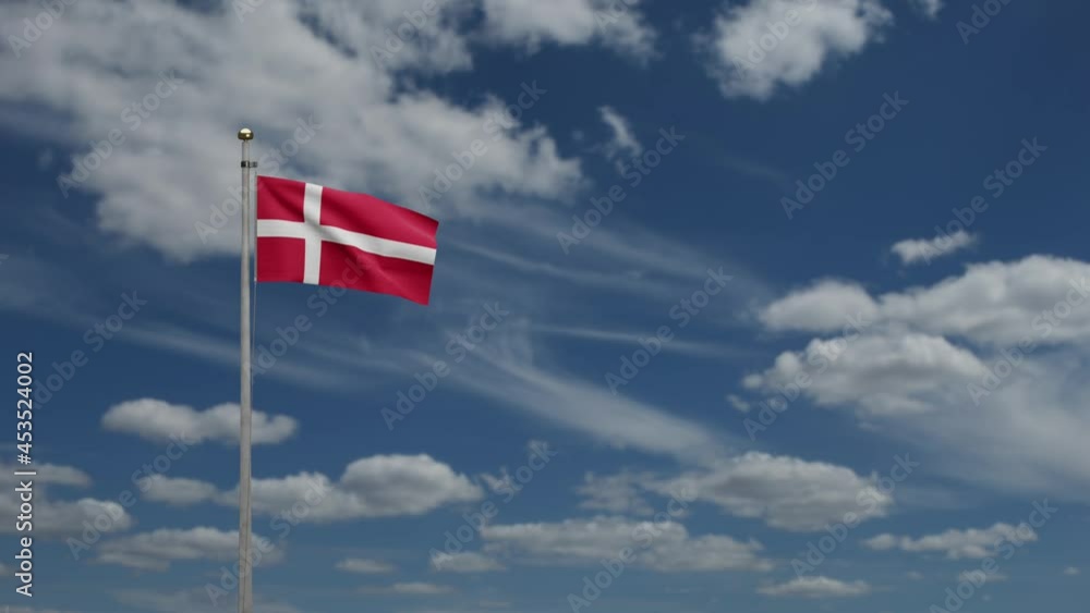 3D, Danish flag waving on wind with blue sky and clouds. Denmark banner ...