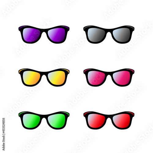 Colorful multicolored sunglasses, glasses isolated on white background, with gradient lenses. Fashionable summer symbol. Vector illustration.