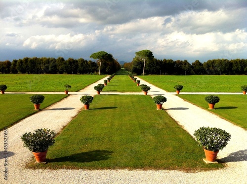 Open meadow royal garden with two paths leading into forest