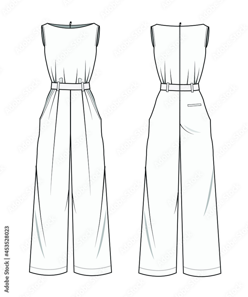 influenza schieten oortelefoon Women Sleeveless Back Zipper Jumpsuit with Belt Front and Back View Vector  Fashion Illustration , CAD, Technical Drawing, Flat Drawing. Stock Vector |  Adobe Stock