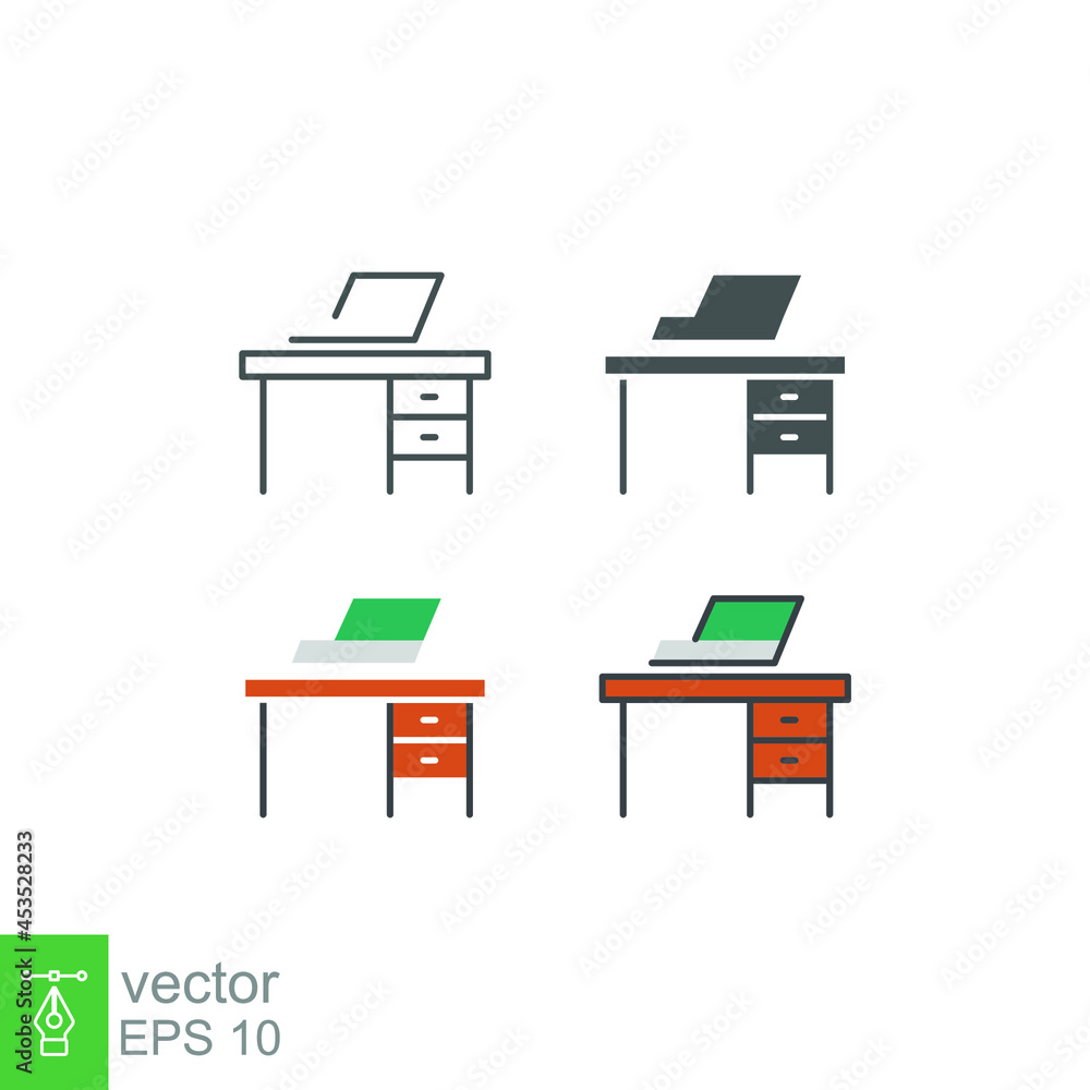 Office desk, Workplace and job, working symbol. Study table at home. pictogram computer on desk, office drawers work space. Laptop on table icon. Vector illustration. Design on white background. EPS10 Office desk, Workplace and job, working symbol. Study table at home. pictogram computer on desk, office drawers work space. Laptop on table icon. Vector illustration. Design on white background. EPS10