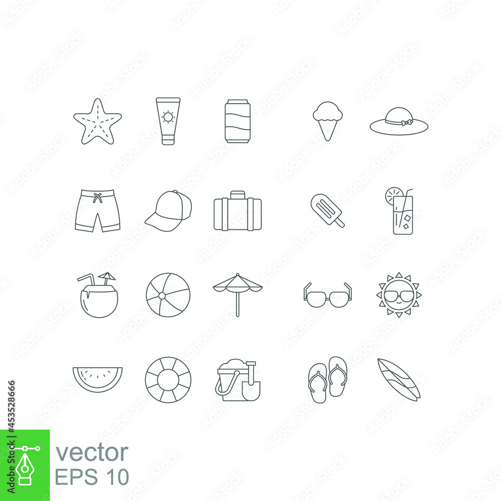 Summer vacation and beach set. Summertime icon set in outline color style include sun glasses, beach ball, star fish, hat, sunblock, softdrink, etc Vector illustration Design on white background EPS10