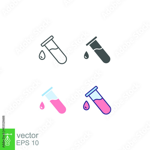 Test tube with drop icon. Science laboratory analyze with tube glass and solid water droplet inside. Biology or chemistry experiments. Blood test.Vector illustration design on white background EPS10