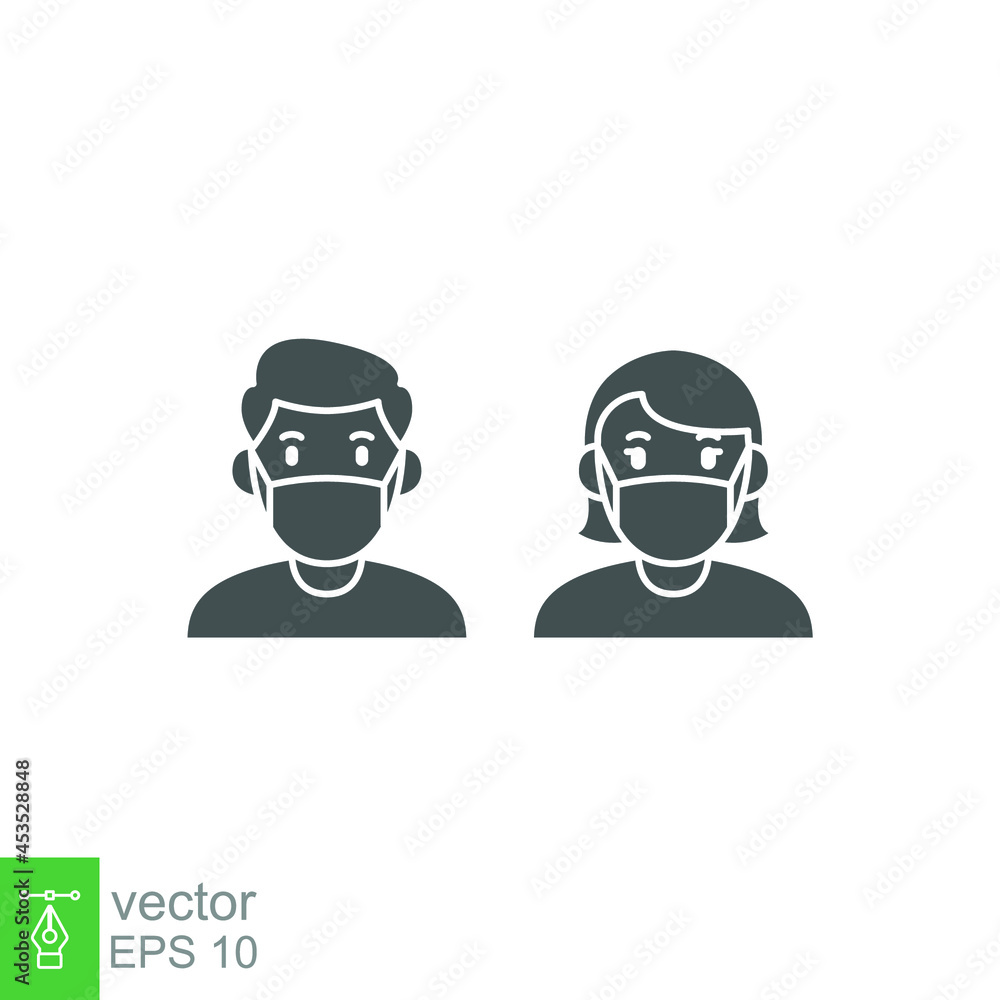 a man and woman wear a mask icon. People wearing protective surgical mask. Concepts of coronavirus quarantine. Covid-19 Notice Safety sign solid Vector illustration Design white background EPS10