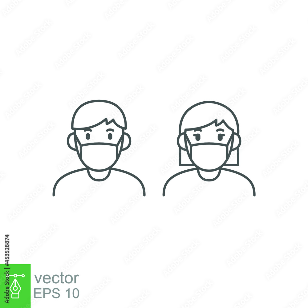 a man and woman wear mask icon. People wearing protective surgical mask. Concept of coronavirus disease quarantine Covid-19 Notice Safety sign line Vector illustration Design white background EPS10