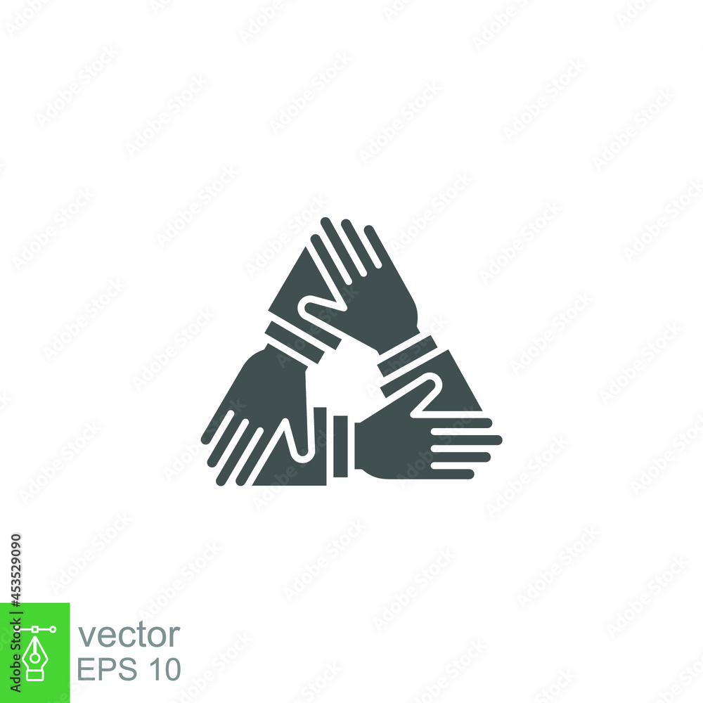 Three hands support each other. Collaboration teamwork thin line solid. Support, Business friendship and partnership sign. unity in diversity. Vector illustration. Design on white background. EPS10 Three hands support each other. Collaboration teamwork thin line solid. Support, Business friendship and partnership sign. unity in diversity. Vector illustration. Design on white background. EPS10
