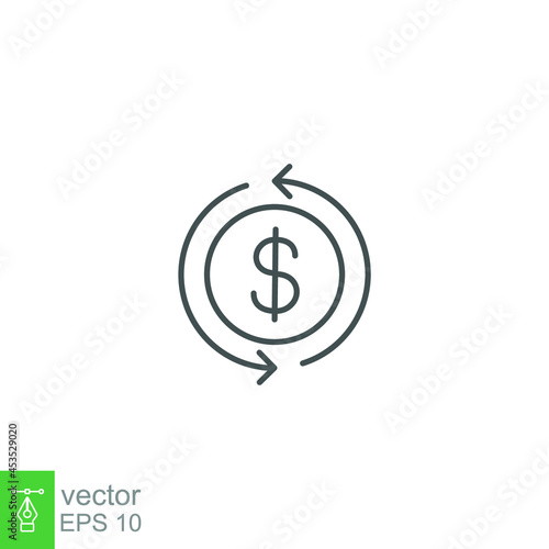 Cashback icon, return money. Cash back rebate, Reinvest earning, chargeback, Dollar coin with arrow, credit payment tax exchange simple thin line Vector illustration Design, white background EPS10