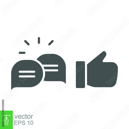 likes with comment icon solid symbol. Finger thumb and bubble message for chatting and give positive feedback. Social media button sign. Vector illustration. Design on white background. EPS10