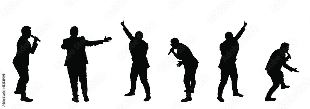 Popular singer super star vector silhouette illustration isolated on white background. Attractive music artist on stage. Singer woman artist karaoke concert. Microphone in hands. Showman performance. Popular singer super star vector silhouette illustration isolated on white background. Attractive music artist on stage. Singer woman artist karaoke concert. Microphone in hands. Showman performance.