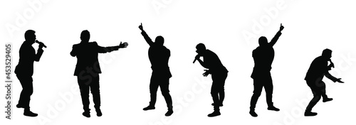 Popular singer super star vector silhouette illustration isolated on white background. Attractive music artist on stage. Singer woman artist karaoke concert. Microphone in hands. Showman performance.