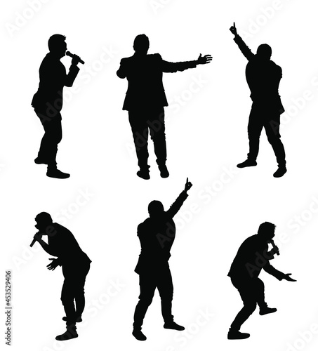 Popular singer super star vector silhouette illustration isolated on white background. Attractive music artist on stage. Singer woman artist karaoke concert. Microphone in hands. Showman performance.