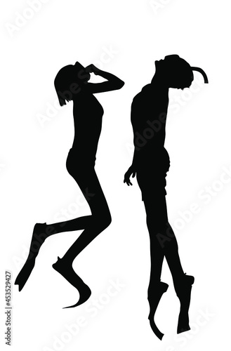 Boy and girl scuba diving vector silhouette illustration isolated on white background. Underwater sport, mask and snorkel. Diving school, Scuba school. Beach fun, teenager couple swimming summer enjoy