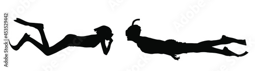 Boy and girl scuba diving vector silhouette illustration isolated on white background. Underwater sport, mask and snorkel. Diving school, Scuba school. Beach fun, teenager couple swimming summer enjoy
