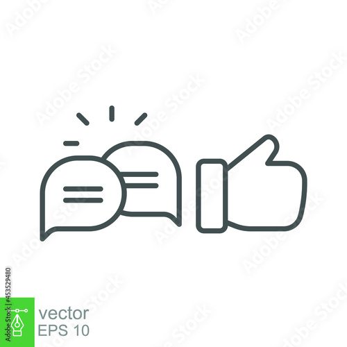likes with comment icon line symbol. Finger thumb gesture and bubble message for chatting and give positive feedback. Social media equipment. Vector illustration. Design on white background. EPS10