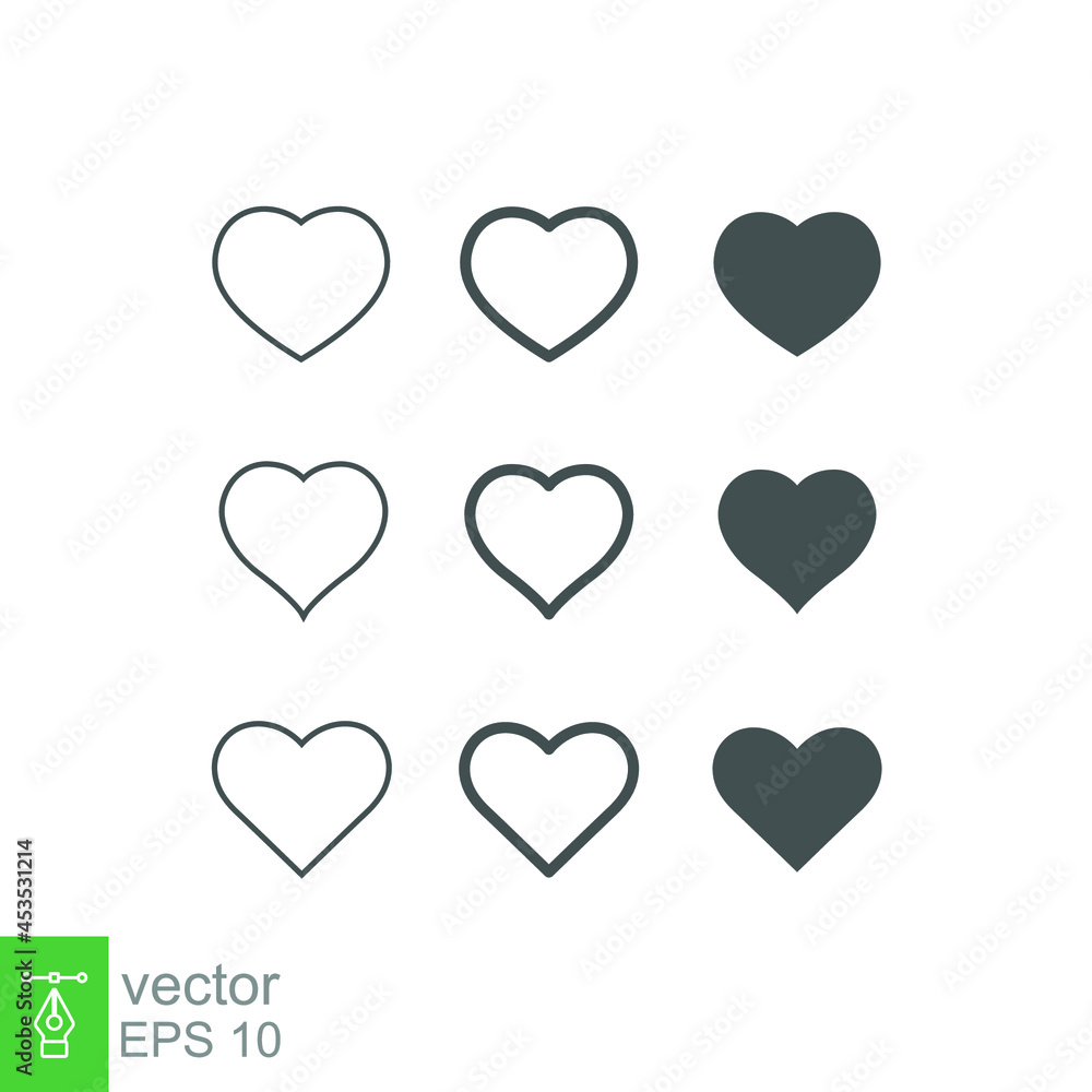 Heart icons, concept of love symbol icon set. Collection of heart illustrations. Silhouette, linear, thin, grey line, solid. Vector illustration. Design on white background. EPS 10