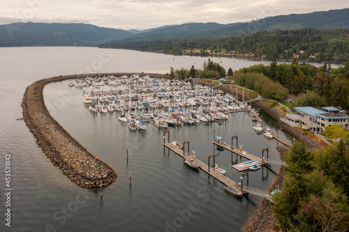 Aerial View of John Wayne Marina, Sequim, Washington. Sits on land donated by the famous actor’s family in recognition of his vision of a marina in the scenic Sequim Bay. photo