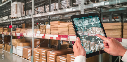 Canvas Print Warehouse management innovative software in computer for real time monitoring of goods package delivery