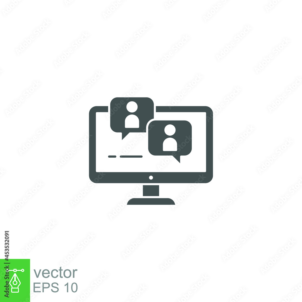 Webinar, online meeting education. Monitor screen with discussion dialog symbol for Virtual classroom on streaming in web or application. Solid Vector illustration. Design on white background. EPS 10 Webinar, online meeting education. Monitor screen with discussion dialog symbol for Virtual classroom on streaming in web or application. Solid Vector illustration. Design on white background. EPS 10