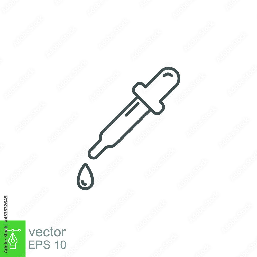 Dropper picker lab Line icon style. Pipette with liquid eye dropper medical. Droplet test in science chemical laboratory for web, app symbol. Vector illustration. Design on white background. EPS 10 Dropper picker lab Line icon style. Pipette with liquid eye dropper medical. Droplet test in science chemical laboratory for web, app symbol. Vector illustration. Design on white background. EPS 10