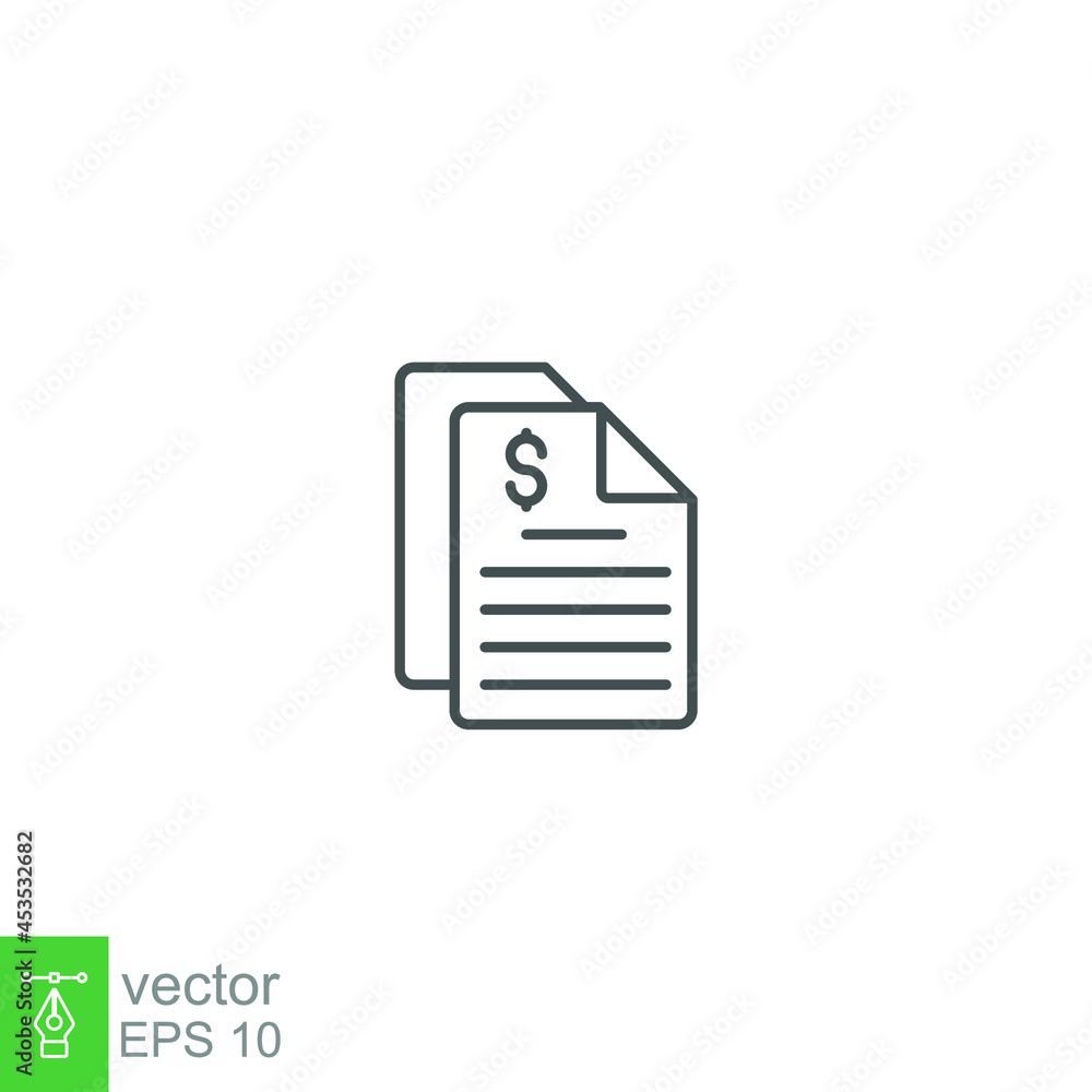 invoice, Dollar bank statement line icon style. Business Payment form document. Finance receipt, bill file. Financial report. accounting tax. Vector illustration. Design on white background. EPS 10 invoice, Dollar bank statement line icon style. Business Payment form document. Finance receipt, bill file. Financial report. accounting tax. Vector illustration. Design on white background. EPS 10