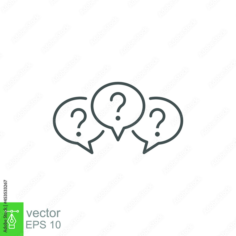 Three linear chat speech message icon. Speak bubble in forum discussion chatting. Group social communication with question mark in circle. Line Vector illustration. Design on white background. EPS 10 Three linear chat speech message icon. Speak bubble in forum discussion chatting. Group social communication with question mark in circle. Line Vector illustration. Design on white background. EPS 10