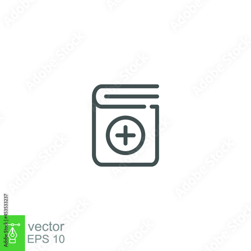 Add book icon. Creating new folder. cover dictionary with plus symbol for add literature data file. bookshelf sign for website and app logo. Vector illustration. Design on white background. EPS 10