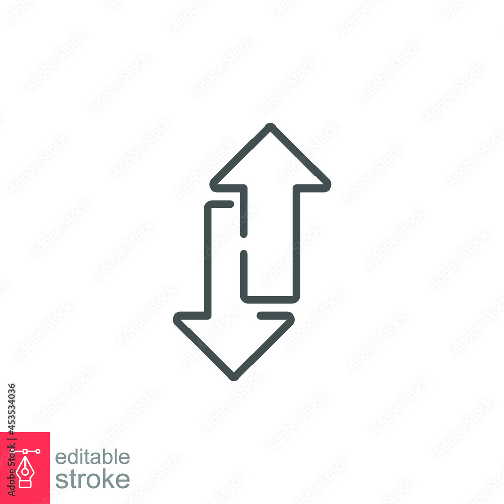 Up and down arrow icon. Two arrows with different direction can be used for input output process, forward sign, vertical swap. Editable stroke vector illustration. design on white background. EPS 10 Up and down arrow icon. Two arrows with different direction can be used for input output process, forward sign, vertical swap. Editable stroke vector illustration. design on white background. EPS 10