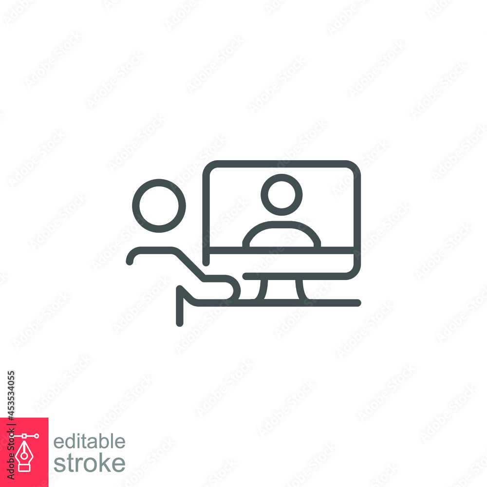 Video meeting icon. Virtual conference with People on computer screen. Remote working from home office. Digital communication. Editable stroke Vector illustration. Design on white background. EPS 10 Video meeting icon. Virtual conference with People on computer screen. Remote working from home office. Digital communication. Editable stroke Vector illustration. Design on white background. EPS 10