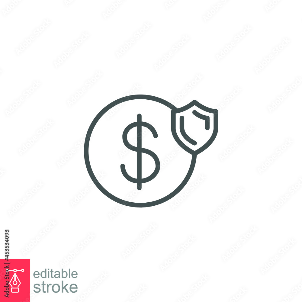Guarantee financial, protect dollar icon. money insurance with shield. currency wealth badge safety care. Secure Payment line. Editable stroke vector illustration. Design on white background. EPS 10 Guarantee financial, protect dollar icon. money insurance with shield. currency wealth badge safety care. Secure Payment line. Editable stroke vector illustration. Design on white background. EPS 10