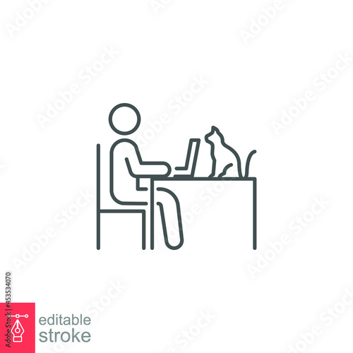Human figure work on laptop with cat on table. Desainer graphic lifestyle. Freelance working from home office. line pictogram. Editable stroke vector illustration. Design on white background. EPS 10