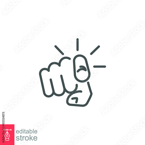 Finger pointing icon. Hand gesture of index finger pointer at viewer. Gesturing towards you. Line pictogram silhouette symbol. Editable stroke vector illustration. Design on white background. EPS 10