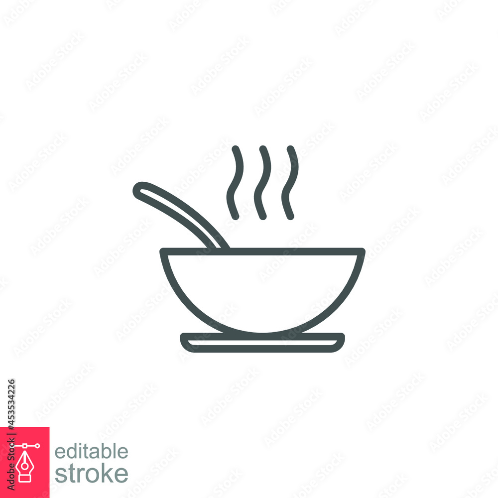 A bowl of soup icon. Steam food plate, hot meal dish with spoon inside for restaurant, cafe in mobile apps and website. Editable stroke vector illustration. Design on white background. EPS 10 A bowl of soup icon. Steam food plate, hot meal dish with spoon inside for restaurant, cafe in mobile apps and website. Editable stroke vector illustration. Design on white background. EPS 10