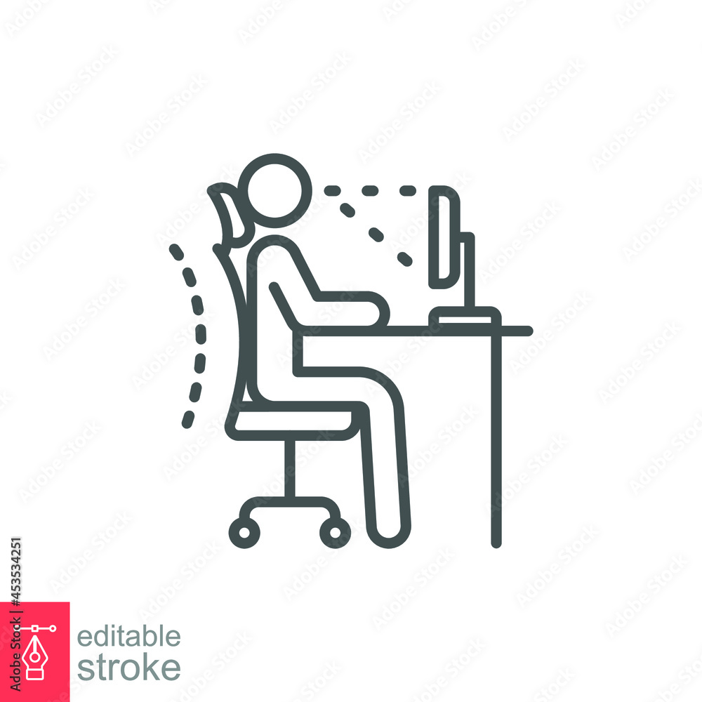 Ergonomic workplace icon. Computer desk workstation infographic correct postures office syndrome of back body position for spine, neck care, eye sight . Editable stroke Vector illustration. EPS 10 Ergonomic workplace icon. Computer desk workstation infographic correct postures office syndrome of back body position for spine, neck care, eye sight . Editable stroke Vector illustration. EPS 10