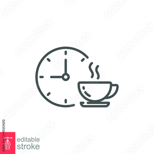 Coffee time icon, tea time. Hot coffee cup and time symbol for take a break or short rest period. Morning breakfast beverage. Editable stroke vector illustration. Design on white background. EPS 10
