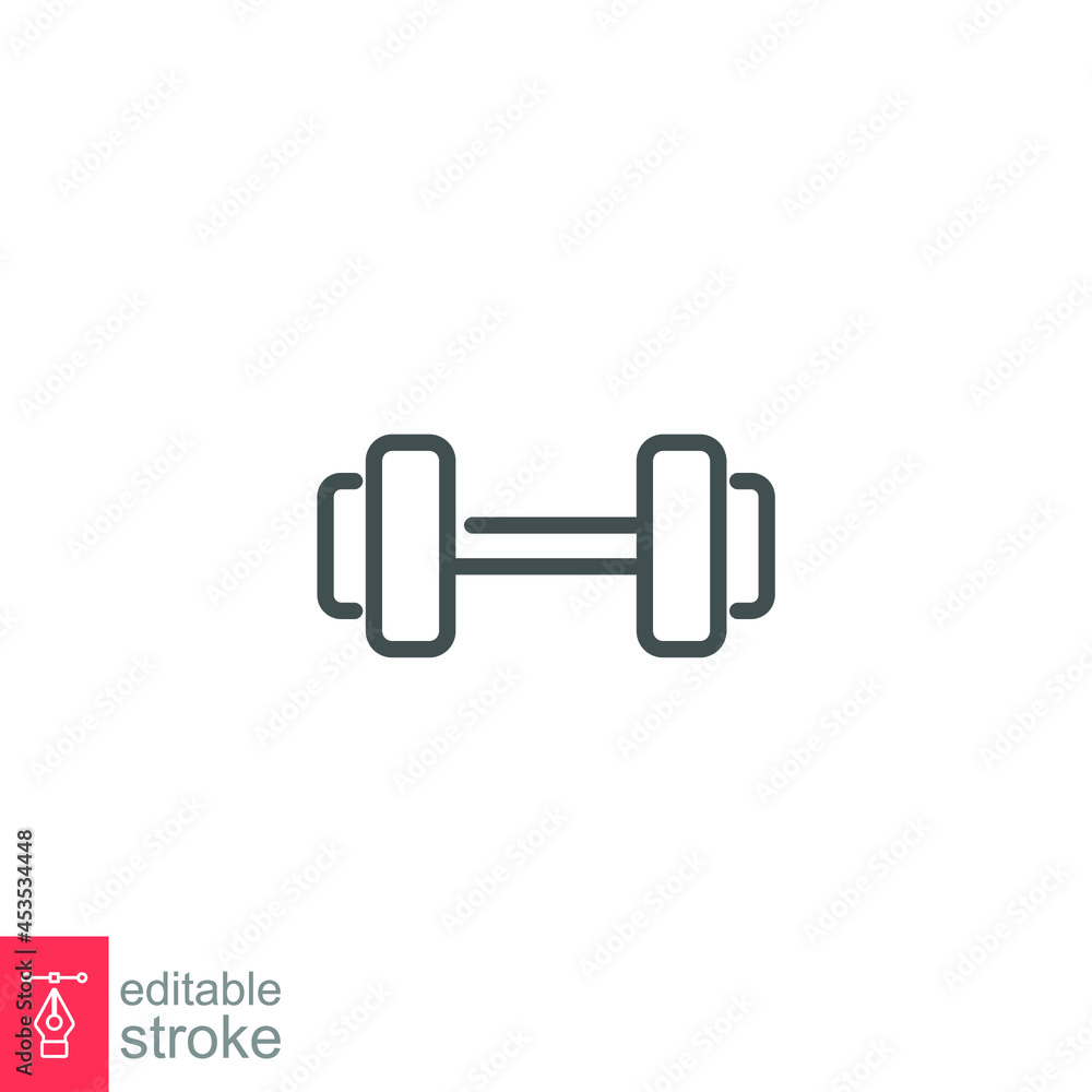 Gym sport, dumbbell icon. Short bar with a weight at each end for exercise or muscle building. Heavy barbell, weight lifting. Editable stroke vector illustration. Design on white background EPS 10 Gym sport, dumbbell icon. Short bar with a weight at each end for exercise or muscle building. Heavy barbell, weight lifting. Editable stroke vector illustration. Design on white background EPS 10