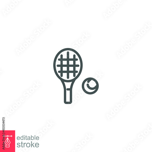 Racket and tennis ball, sport icon. Play Tennis game with racquet. Pictogram line style logo symbol for mobile app and website. editable stroke vector illustration. Design on white background. EPS 10