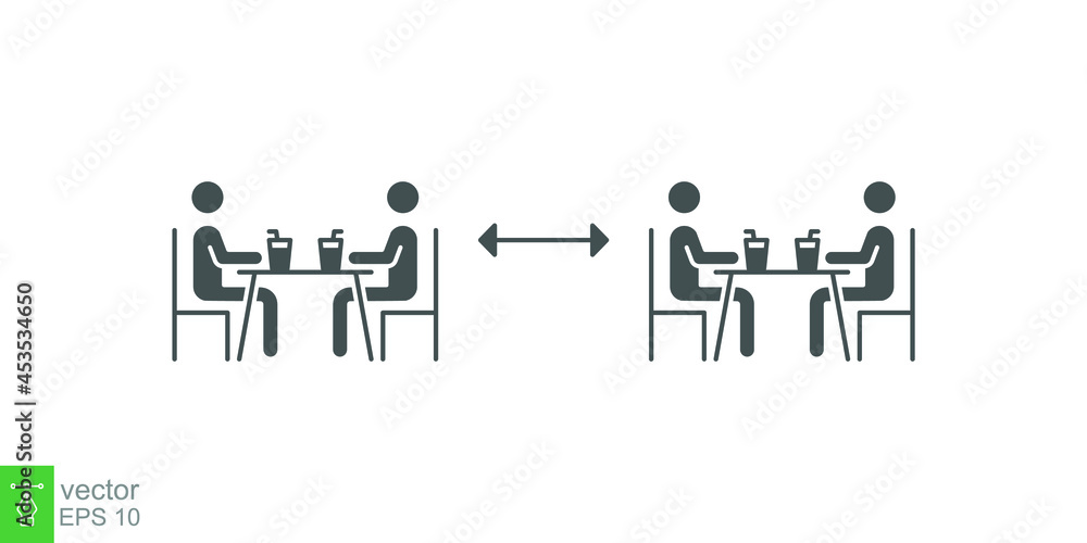Two group people drinking coffee in cafe icon. New normal dine in concept with safe table. keep social distancing as prevention spread of Covid19. Solid, Glyph style. vector illustration Design EPS 10