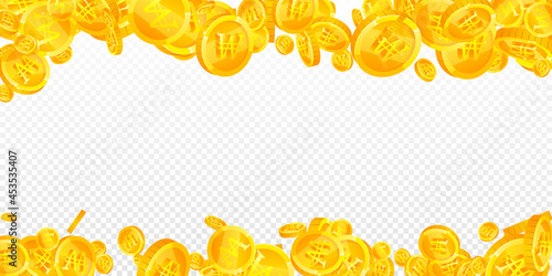 Korean won coins falling. Immaculate scattered WON coins. Korea money. Terrific jackpot, wealth or success concept. Vector illustration.