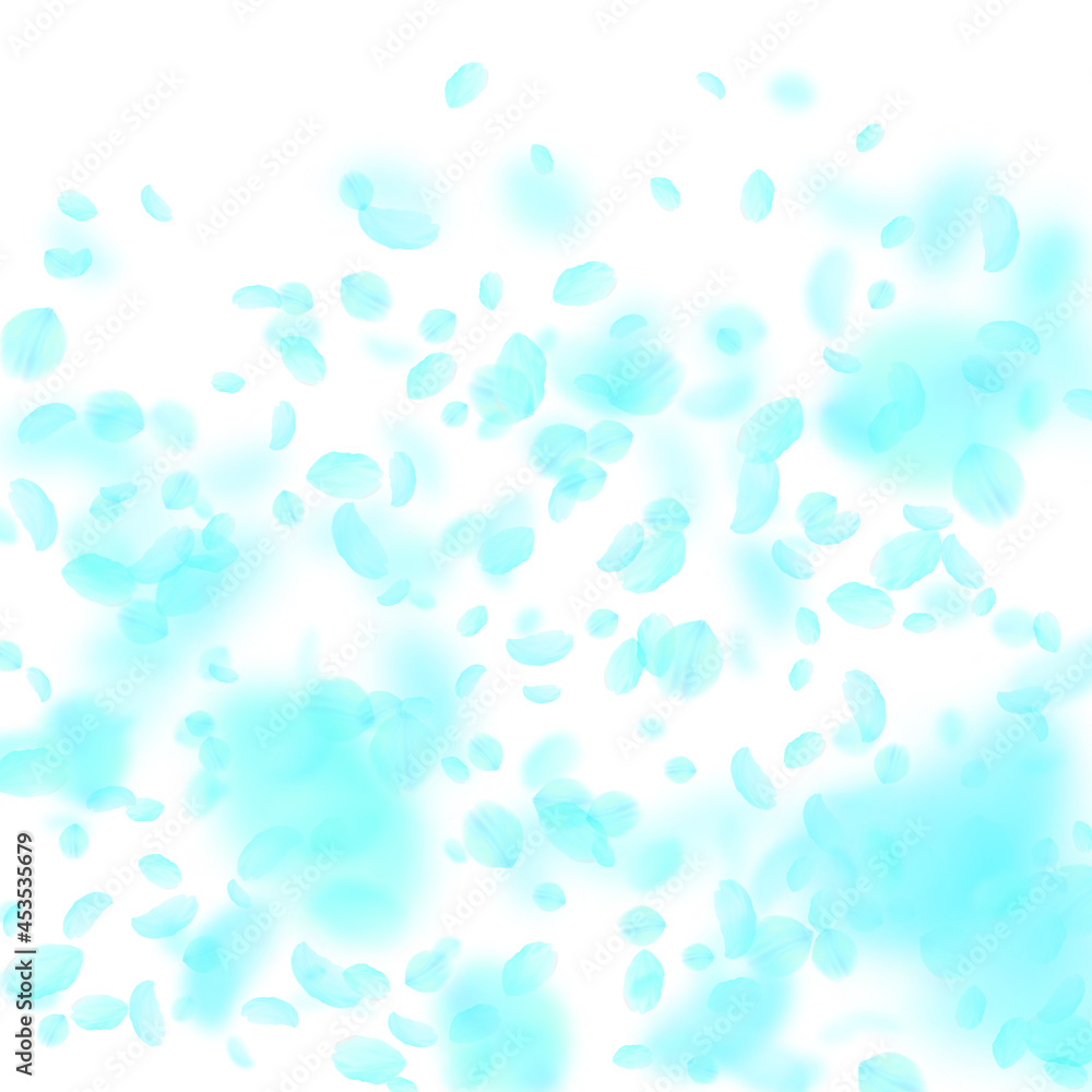 Turquoise flower petals falling down. Remarkable r