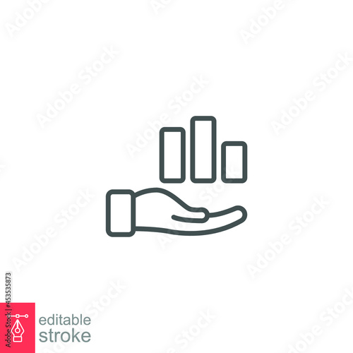 Business Concepts Equity stake line icon. Hand holding graph or chart diagram symbol of Capital analysis Investments to finances. Editable stroke Vector illustration Design on white background. EPS 10