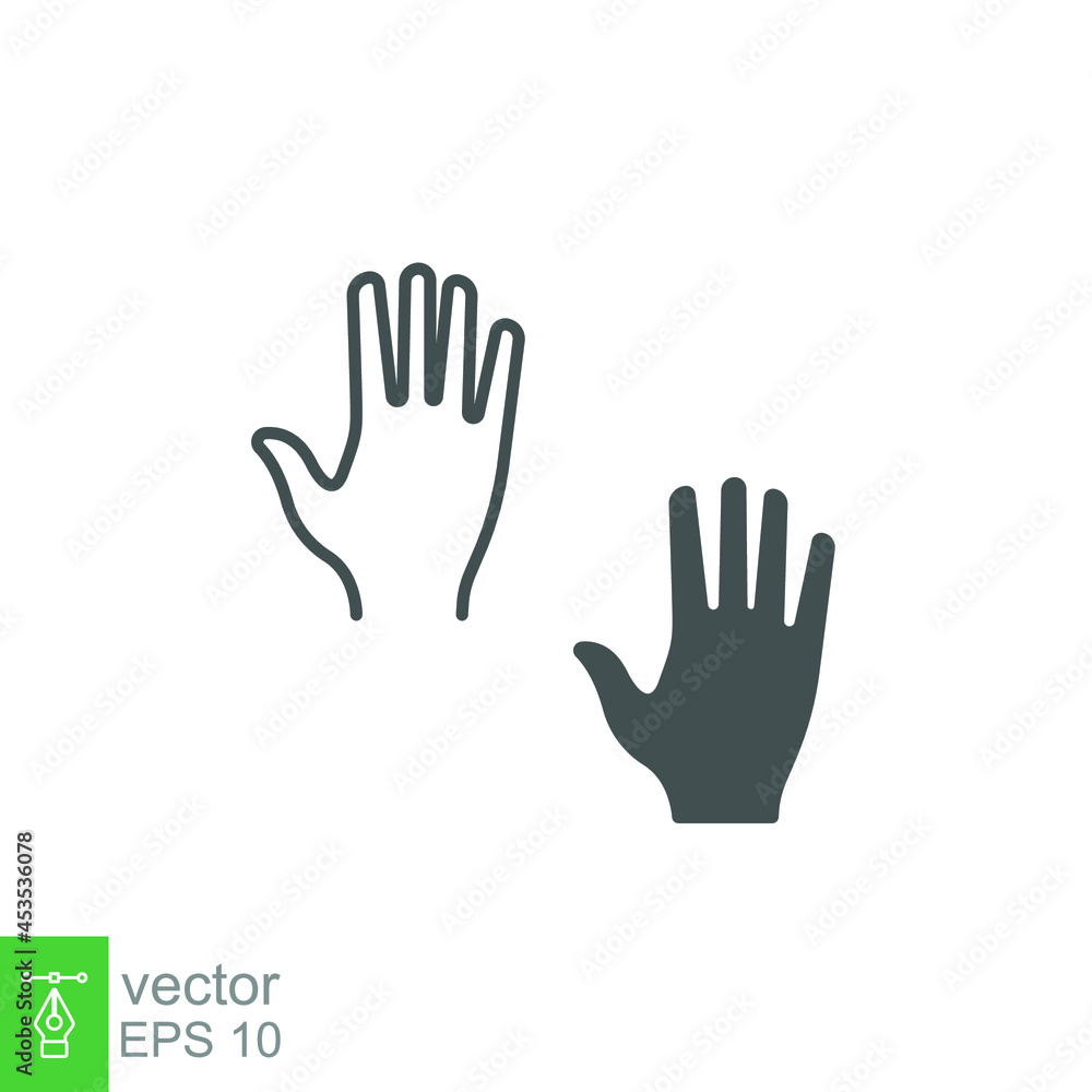 Human hand line and glyph icon. High five. Five fingers gesture. hand raised. Hi Five. Prohibition, warning, stop symbol. Abstract. Editable stroke Vector illustration Design on white background EPS10 Human hand line and glyph icon. High five. Five fingers gesture. hand raised. Hi Five. Prohibition, warning, stop symbol. Abstract. Editable stroke Vector illustration Design on white background EPS10