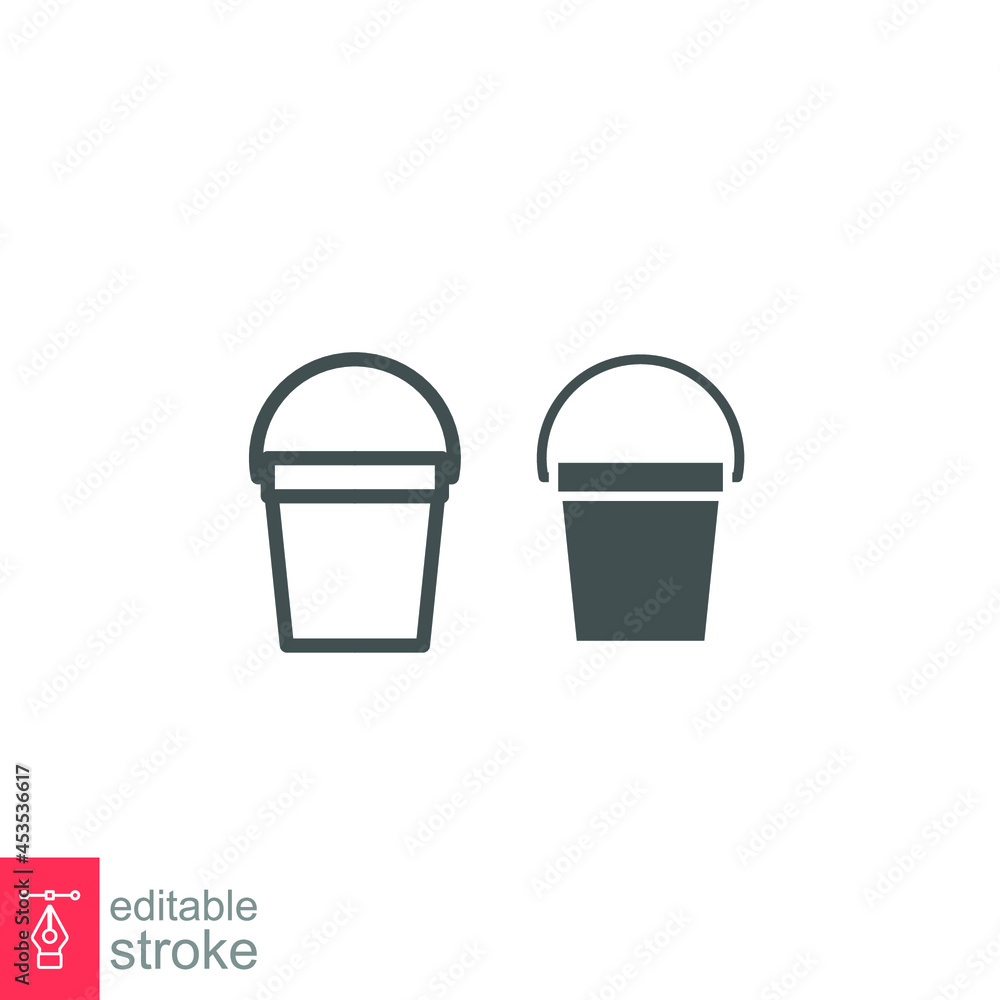 Water bucket line and glyph icon. paint pot. Handle container equipment household clean plastic for topic like decorating, home improvement renovating. Editable stroke design on white background EPS10 Water bucket line and glyph icon. paint pot. Handle container equipment household clean plastic for topic like decorating, home improvement renovating. Editable stroke design on white background EPS10