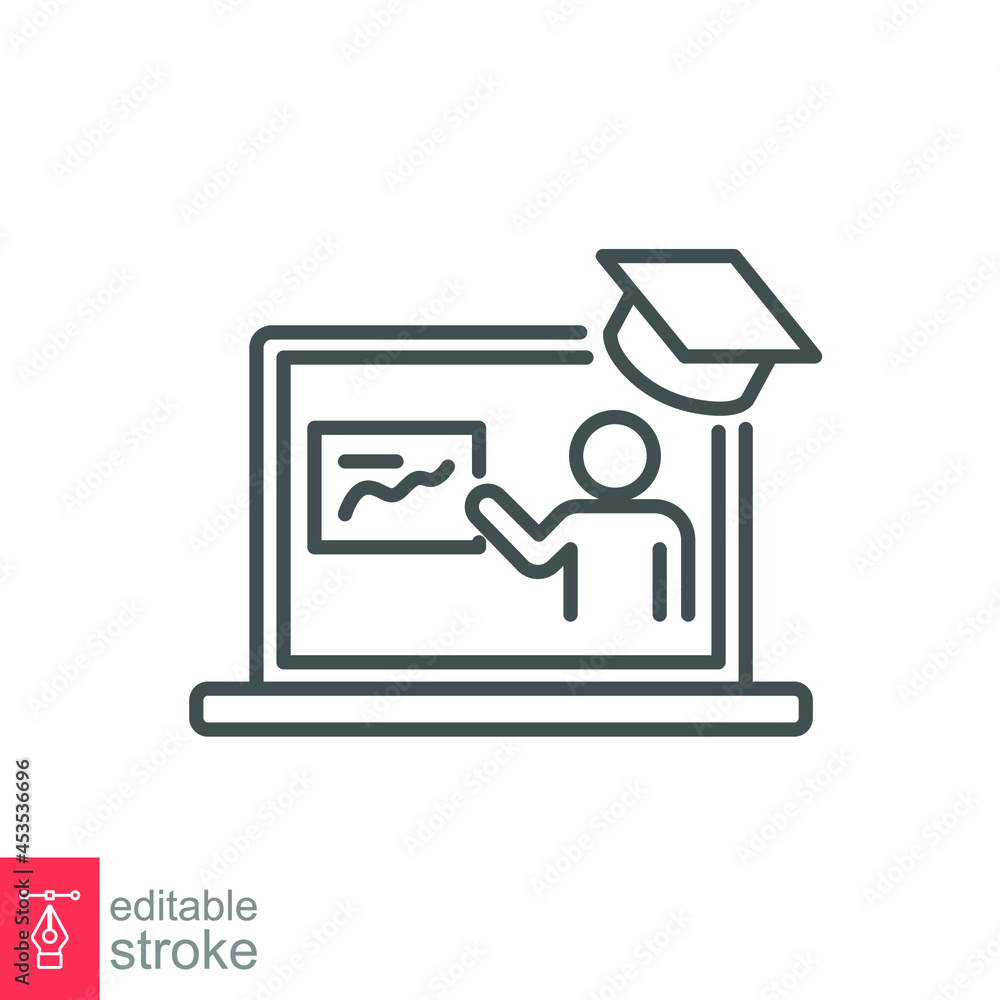 online teaching line icon. Online tutor Presentation screen. virtual education or distance training, webinar conference meeting. Editable stroke Vector illustration. Design on white background. EPS 10 online teaching line icon. Online tutor Presentation screen. virtual education or distance training, webinar conference meeting. Editable stroke Vector illustration. Design on white background. EPS 10