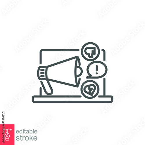 Cyberbullying outline icon. Impersonate social media bully, insult behavior. Digital harassment, emotional message. Haters online. Editable stroke Vector illustration design on white background EPS 10