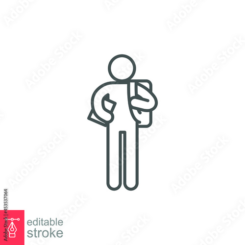 Freshman student with backpack line icon. High school pupil, rucksack. schoolchildren logo College newcomer International student editable stroke vector illustration design on white background EPS 10