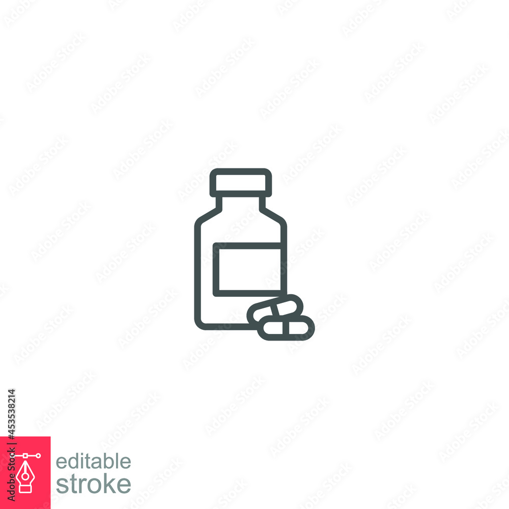 Medicine bottle and two capsules line and solid icon. Pain killer, vitamin pharmacy logo. Multivitamin capsule dose pictogram for healthcare. Vector illustration design on white background. EPS 10 Medicine bottle and two capsules line and solid icon. Pain killer, vitamin pharmacy logo. Multivitamin capsule dose pictogram for healthcare. Vector illustration design on white background. EPS 10