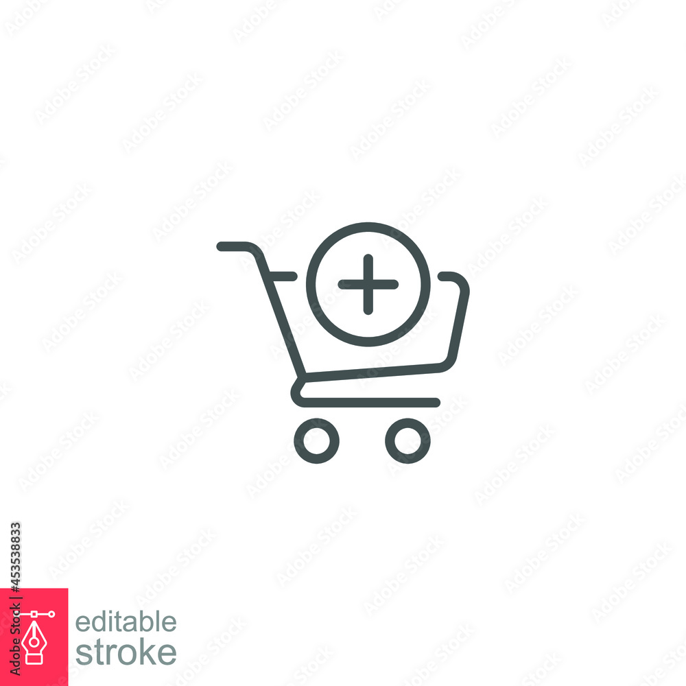 Add cart line icon. Supermarket trolley symbol for E-Commerce. Shopping Cart. Retail market sale item. Trolley Cart. Editable stroke Vector Vector illustration design on white background. EPS 10 Add cart line icon. Supermarket trolley symbol for E-Commerce. Shopping Cart. Retail market sale item. Trolley Cart. Editable stroke Vector Vector illustration design on white background. EPS 10