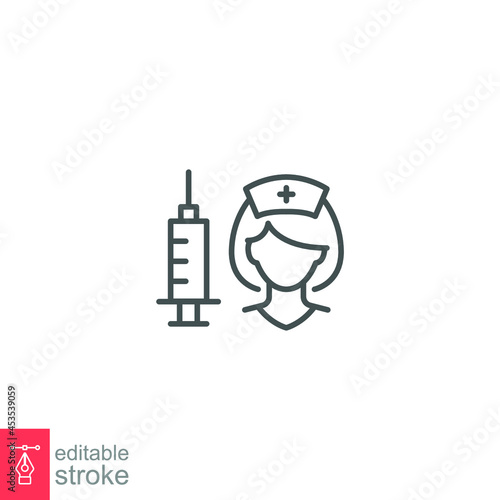 Vaccine and Vaccination Nurse, vaccine line icon for coronavirus, influenza, measles, diphtheria, rabies. injection, shot, medical  Editable stroke vector illustration design on white background EPS10