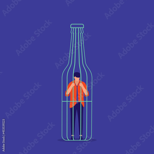 Alcohol Addiction Concept. Young Alcoholic Man Trapped Inside A Prison Cage In Beer Bottle Shape.