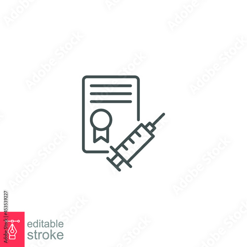 Certificate for vaccine line icon.  vaccine passport sign. safety Medical syringe Vaccination for graphic  web collection logo.  Editable stroke vector illustration design on white background. EPS 10